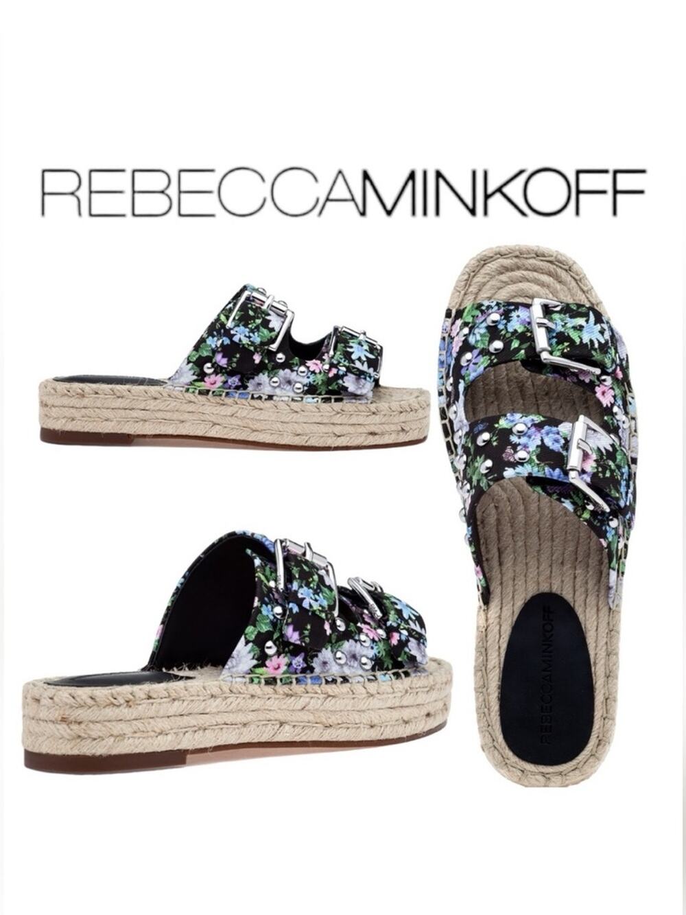 Rebecca Minkoff Jodi Espadrille Sandal Black Flower Print Size 7.5 NEW with Box